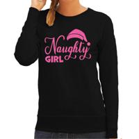 Foute kersttrui/sweater voor dames - Naughty Girl - zwart - glitter roze - Kerstmuts