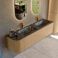 Mondiaz KURVE-DLUX 165 cm Onderkast Greeploos 2 Lades Met Deuren Oak, Wastafel Solid Surface Rechts Lava 2 Kraangaten Zonder Spiegel (KRVSTS165L2L1D2KD-Oak/Lav)