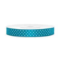 1x Hobby/decoratie turquoiseblauw satijnen sierlinten met witte stippen 1,2 cm/12 mm x 25 meter - thumbnail