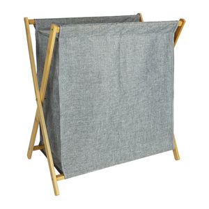 QUVIO Wasmand met houten frame - 52 x 30 x 57 cm - Grijs