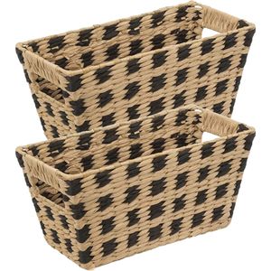 Rieten opbergmand - 4x - gevlochten rechthoek - beige/zwart - 31 x 15 x 15 cm