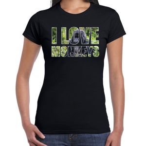 Tekst t-shirt I love monkeys met dieren foto van een gorilla aap zwart voor dames