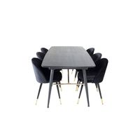 Gold eethoek eetkamertafel uitschuifbare tafel lengte cm 180 / 220 zwart en 6 Velvet eetkamerstal velours zwart, messing - thumbnail