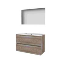Basic-Line Basic 46 Badkamermeubelset - 100 x 46 cm - Greeploos - 2 Lades - Keramische Wastafel - 1 Kraangat - Spiegel - Scotch Oak