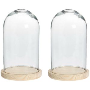 Decoratie stolp - 2x - van glas op houten plateau - D14 x H28 cm