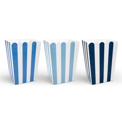Gestreepte popcorn bakjes blauw - 6x stuks - 7,5 x 7,5 x 12,5 cm - Snoep bakjes