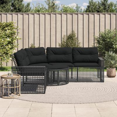 Tuinbank met kussens en voetensteun L-vormig poly rattan zwart