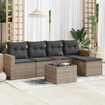 6-delige Loungeset met kussens poly rattan grijs