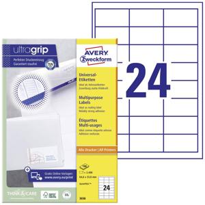 Avery-Zweckform 3658 Universele etiketten 64.6 x 33.8 mm Papier Wit 2400 stuk(s) Permanent hechtend Inkjet, Laser (zwart/wit), Laser (kleur), Kopiëren