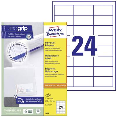 Avery-Zweckform 3658 Universele etiketten 64.6 x 33.8 mm Papier Wit 2400 stuk(s) Permanent hechtend Inkjet, Laser (zwart/wit), Laser (kleur), Kopiëren