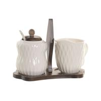 Suikerpot Home ESPRIT Wit Donkerbruin Bamboe Porselein 19,5 X 9 X 15 CM 2 Onderdelen