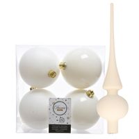 Set van 8x stuks kunststof kerstballen 10 cm en glazen piek wol wit