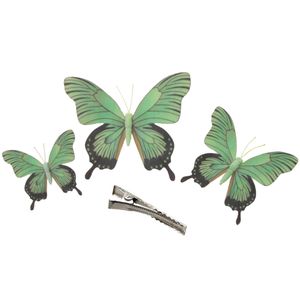 3x stuks decoratie vlinders op clip - groen - 3 formaten - 12/16/20 cm