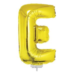Gouden opblaas letter ballon E op stokje 41 cm