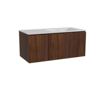 Storke Ribs zwevend badmeubel 110 x 52 cm notenhout met Mata asymmetrisch rechtse wastafel in solid surface mat wit, Verticale symmetrische rechte ribbel