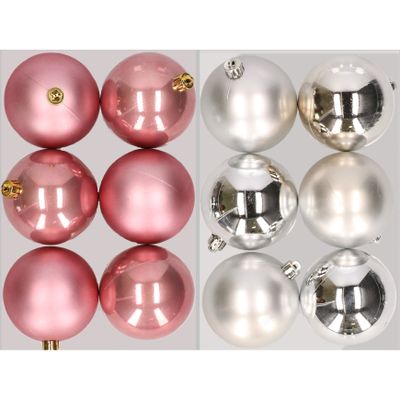 12x stuks kunststof kerstballen mix van oudroze en zilver 8 cm
