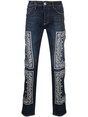 Philipp Plein jean slim à motif cachemire brodé - Bleu