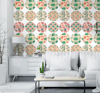 Geometrisch behang rood en blauw bloemen patroon