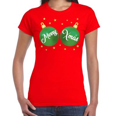 Fout kerst t-shirt - rood - met groene merry Xmas kerstballen - voor dames - kerttrui Fout kerst t-shirt - rood - met groene merry Xmas kerstballen - voor dames - kerttrui