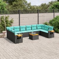 11-delige Loungeset met kussens poly rattan zwart