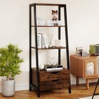 Vrijstaand Ladderrek 134 cm Boekenrek met 4 Open Planken en 2 Lades Veelzijdige Staande Kast Bruin