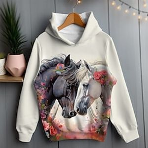 Voor meisjes 3D Bloemig Paard Trui met capuchon Pullover Lange mouw 3D-afdrukken Lente Herfst Actief Modieus leuke Style Polyester Kinderen 3-12 jaar Capuchon Buiten Casual Dagelijks Normale pasvorm Lightinthebox