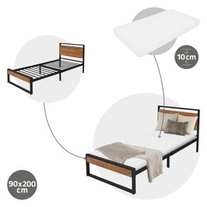 Metalen bed 90x200 cm zwart met lattenbodem en matras met houten hoofdbord en voeteneind ML design