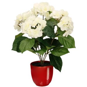 Hortensia kunstplant/kunstbloemen 40 cm - wit - in pot rood glans