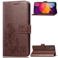 Lucky Clover ingedrukt bloemen patroon lederen draagtas voor Galaxy A50 met houder & kaartsleuven & portemonnee & hand strap (bruin)