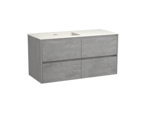 Storke Seda zwevend badmeubel 120 x 52 cm beton grijs met Mata asymmetrisch linkse wastafel in matte Solid Surface