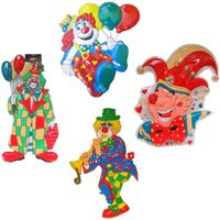 Carnaval versiering clowns - 4x grote wand decoraties 60 cm - Feestpakketten - thumbnail