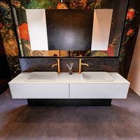 Badkamermeubelset Mondiaz Erin 200 cm met 2 Lades met RIDGE Wastafel Dubbel Linen met 2 kraangaten Greeploos Mat Cale