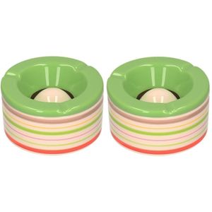 Set van 2x stuks terras asbakken/stormasbakken rond keramiek 14 x 7,5 cm groen met streep