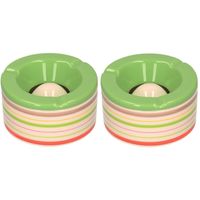 Set van 2x stuks terras asbakken/stormasbakken rond keramiek 14 x 7,5 cm groen met streep