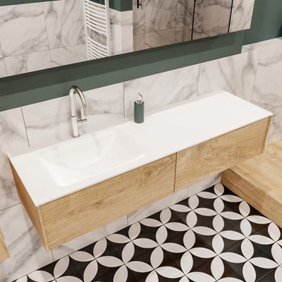 Mondiaz Lush Cloud badmeubel Washed oak 150 cm 2 lades solid surface enkele spoelbak links 1 kraangat
