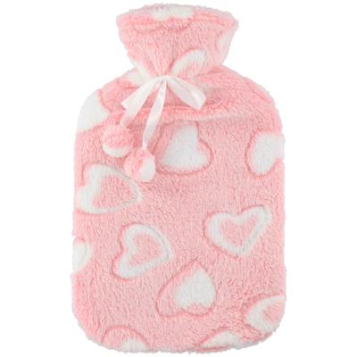 Warmwaterkruik - 2L - roze/wit - met hoes - kruik - hartjes print