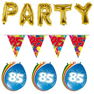 Verjaardag feestversiering 85 jaar PARTY letters en 16x ballonnen met 2x plastic vlaggetjes