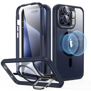 iPhone 15 Pro Max Armor Tough Case with Stash Stand (HaloLock) - Clear Dark Blue