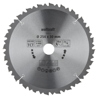 Wolfcraft Kap- en verstekzaagblad | HM | 24 Zähne | Ø254mm | 1 stuk - 6553000