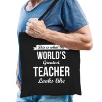 Worlds greatest TEACHER kado tasje voor verjaardag meester zwart voor heren - Feest Boodschappentassen - thumbnail