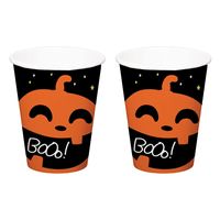 Halloween thema feest beker - 12x - pompoen BoOo! print - papier - 250 ml - thumbnail