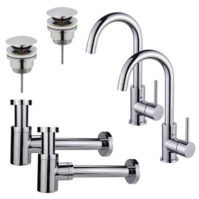 Fortifura Calvi Wastafelkraanset - voor dubbele wastafel - hoge wastafelkraan - draaibare uitloop - klikwaste plug - verlaagde design sifon - Chroom 2x SW809346/2x SW696203/2x SW696219