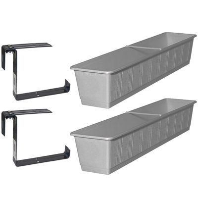 Set van 2 kunststof plantenbakken grijs rechthoekig 80 cm met 4 verstelbare railing beugels
