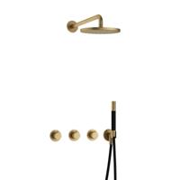 Hotbath Cobber - Inbouw Regendoucheset - Geborsteld Messing - 2 Stopkranen - Thermostatisch - Wandarm 40 cm - Hoofddouche 200 mm - Staafhanddouche - Waterbesparend