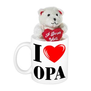 Cadeau beker I love Opa + beertje met hartje - Opa cadeautje   -