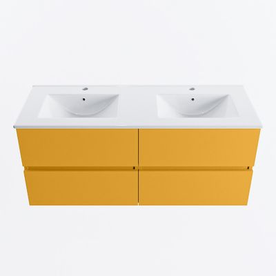 MONDIAZ VICA 120cm badmeubel onderkast Ocher 4 lades. Wastafel DENIA dubbel 2 kraangaten, kleur Glanzend Wit.