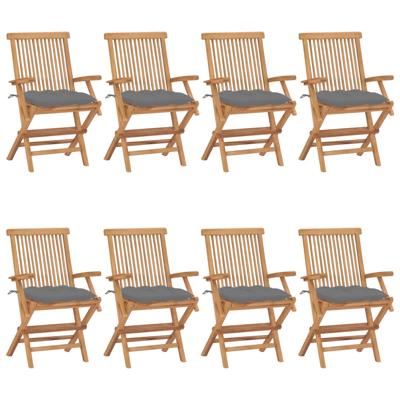 Tuinstoelen 8 st met grijze kussens massief teakhout