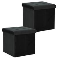 Poef/hocker/krukje - 2x - opbergbox - zwart - fluweel polyester - 38 x 38 cm - opvouwbaar - thumbnail