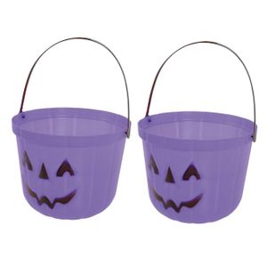 Trick or treat snoep emmertje - 2x - pompoen - paars - D20 cm - Halloween snoepjes emmer