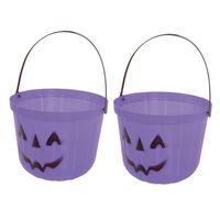 Trick or treat snoep emmertje - 2x - pompoen - paars - D20 cm - Halloween snoepjes emmer